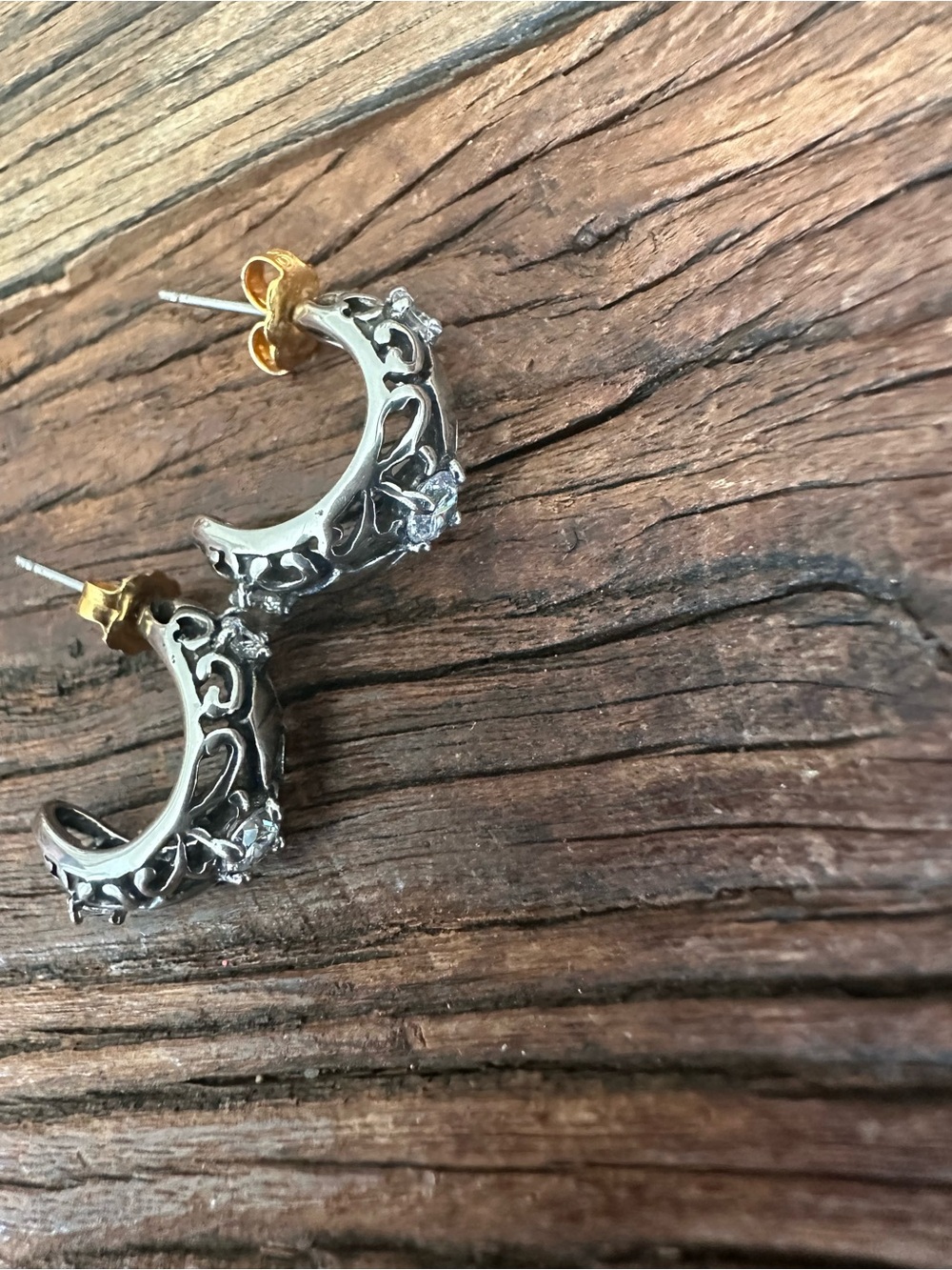 Ornate Silver Filigree Hoop Earrings with Crystal Accents